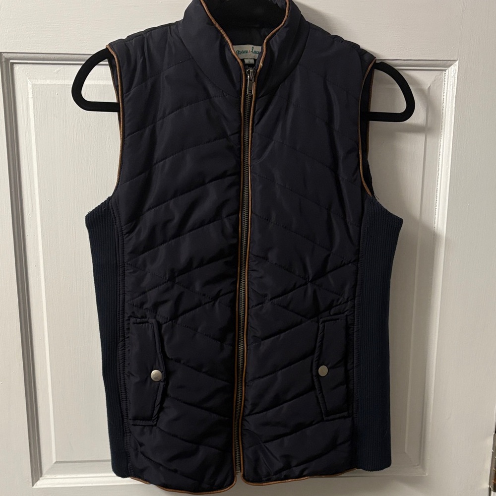 Grace & Lace Navy Quilted Vest with Brown Trim S